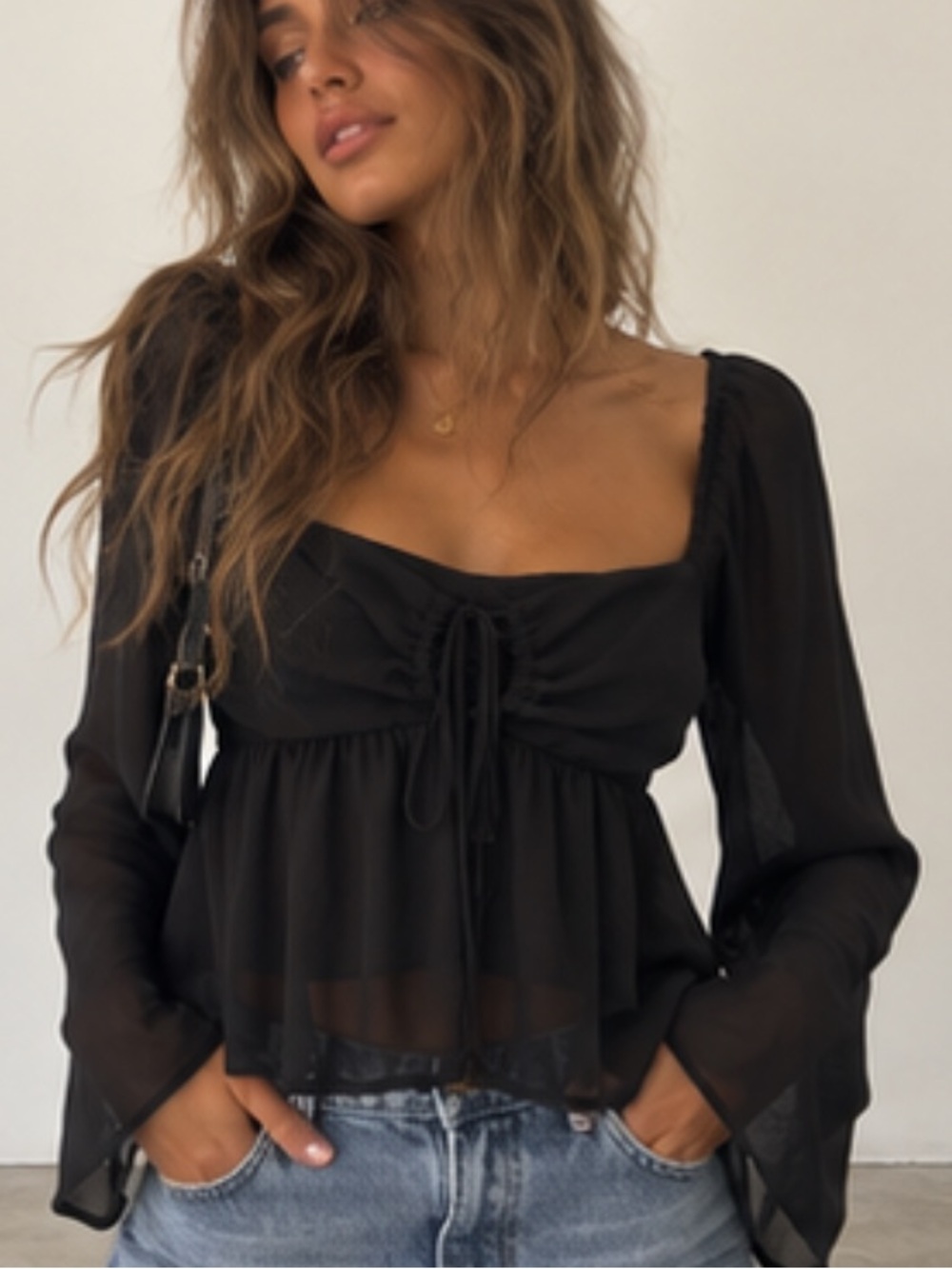 Forever 21 Black Sheer Tie-Front Peasant Blouse
